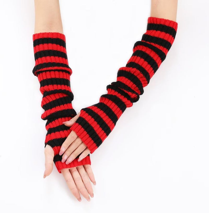 Sumleno Long Fingerless Gloves Knitted Y2k Striped Arm Warmers for Women Girls Punk Gothic Emo Scene Grunge Accessories - Image 4